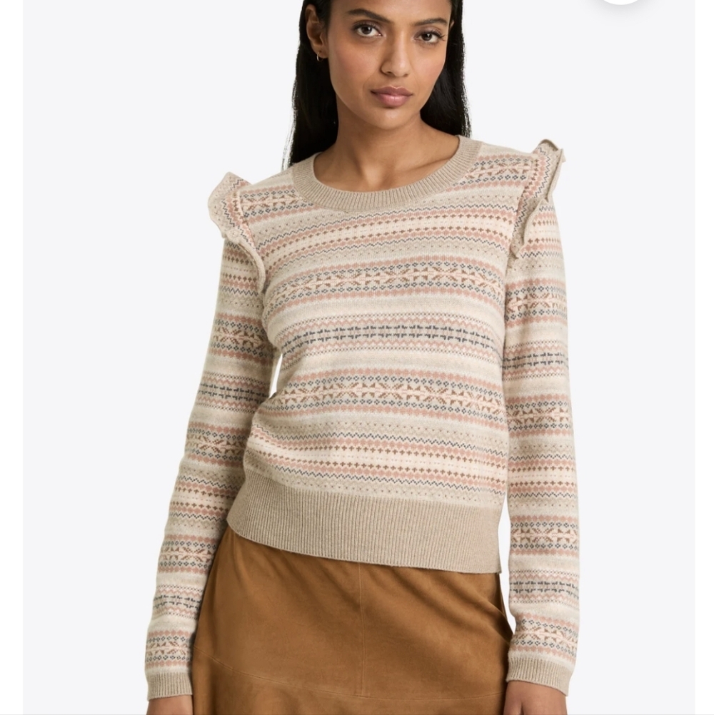 New Draper James Large Fairisle Flutter Ruffle Sleeve Cashmere Blend Sweater